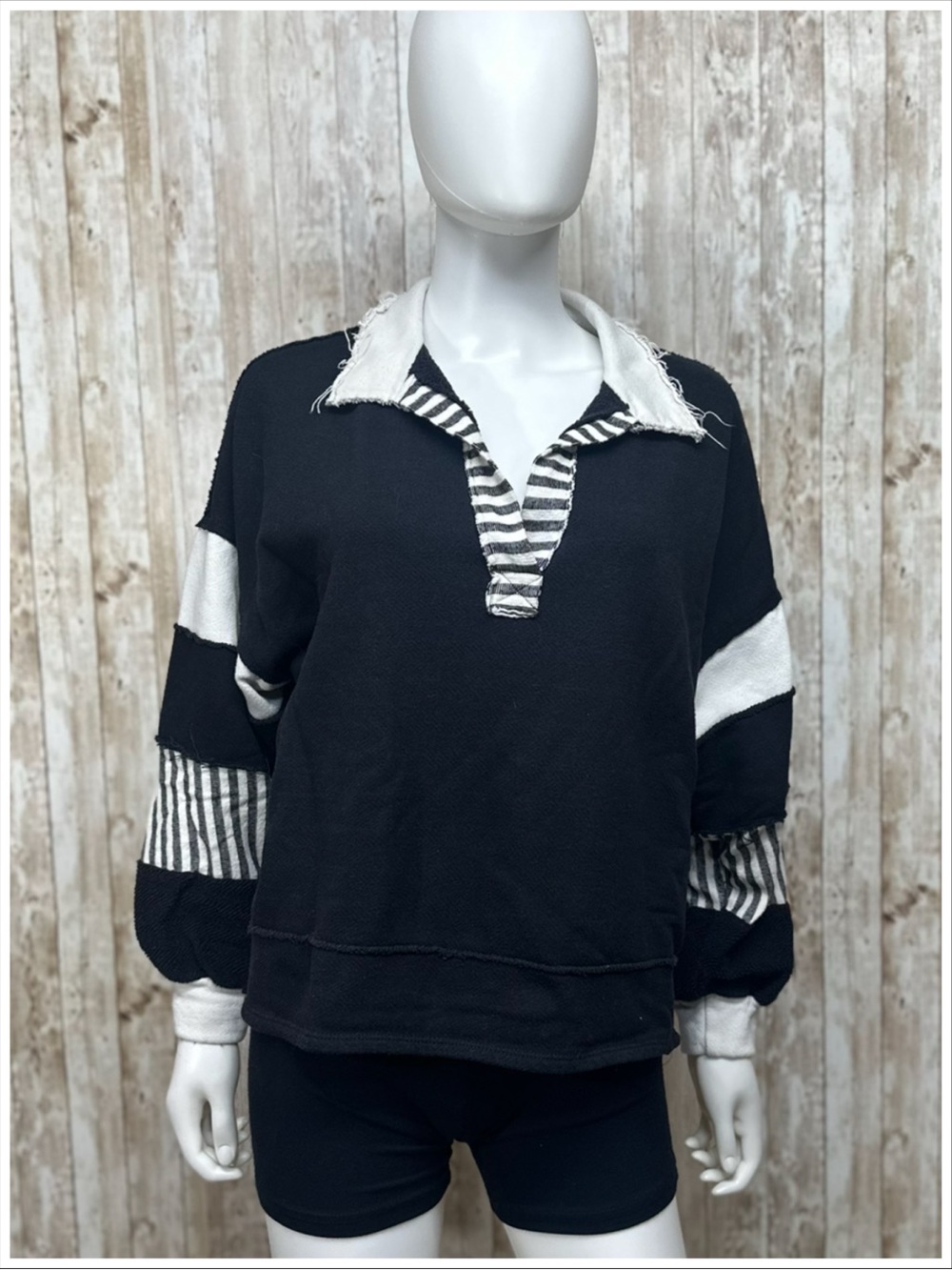 Bucket List Distressed Rugby Oversized Raw Edge Sweatshirt ~ Size S ~ Item X30